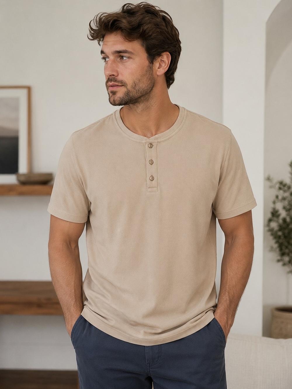 Banana Republic Ribbed Henley T-Shirt XXL Neutral Minimalist Casual Quiet Luxury